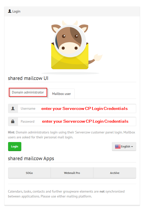 shared mailcow login page, highlighting the Domain Administrator tab. Next to the fields "Username" and "Password," it says "fill in with your Servercow credentials"