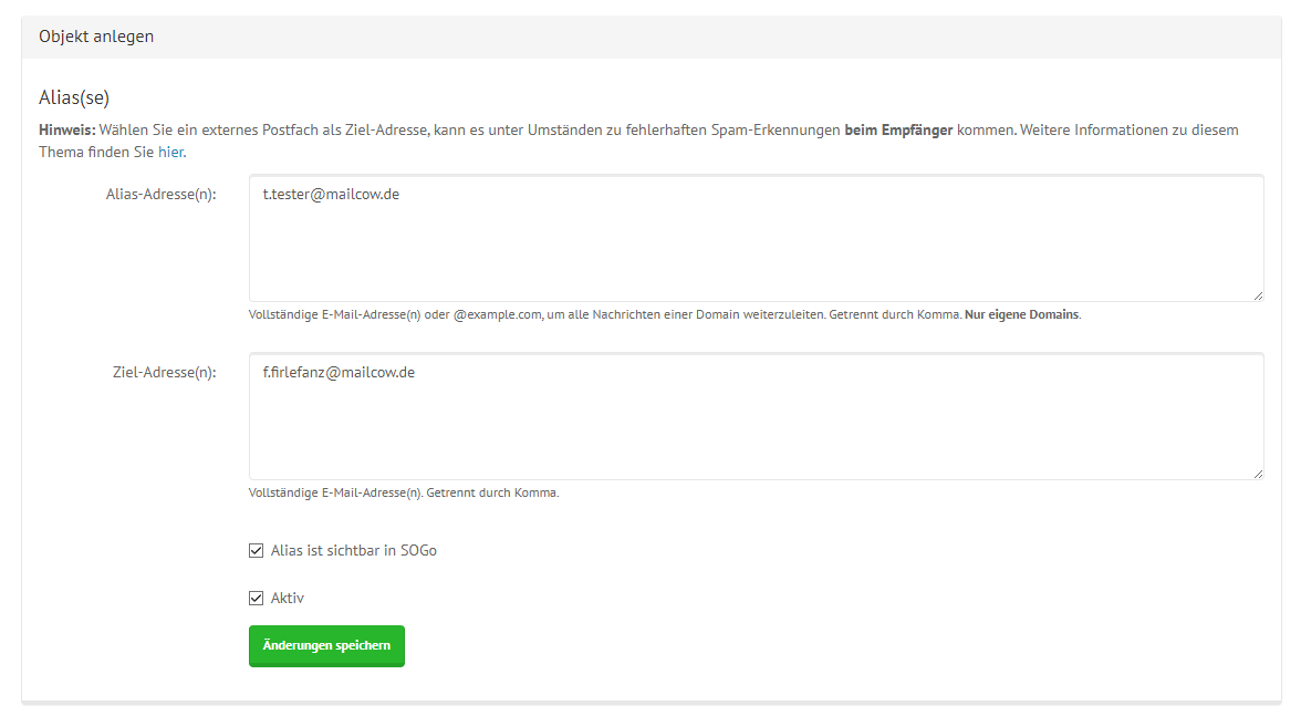 shared mailcow Alias Creation Window filled with example data