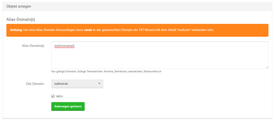 shared mailcow Domain Alias Creation Window filled with example data
