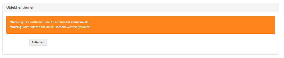 shared mailcow Domain Alias Deletion Window with confirmation prompt
