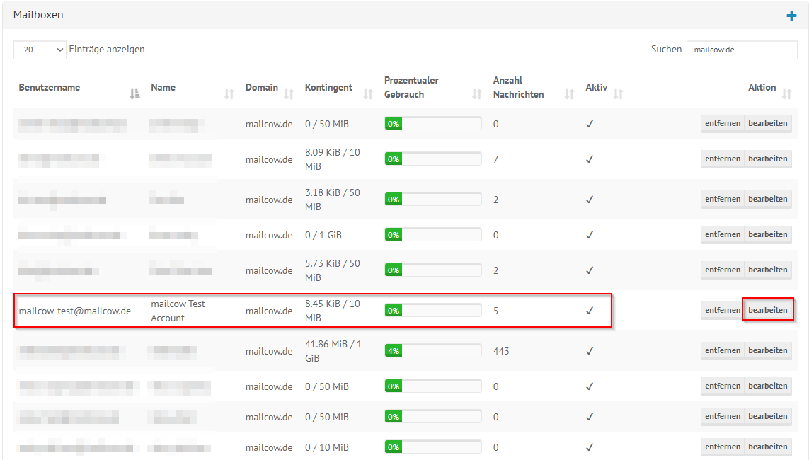 shared mailcow Domain Administrator page, overview of available mailboxes. Example mailbox selected, edit field highlighted