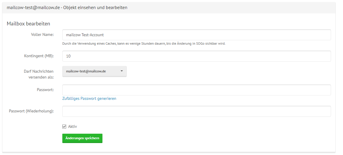 shared mailcow Mailbox Edit Window with example data (unchanged)