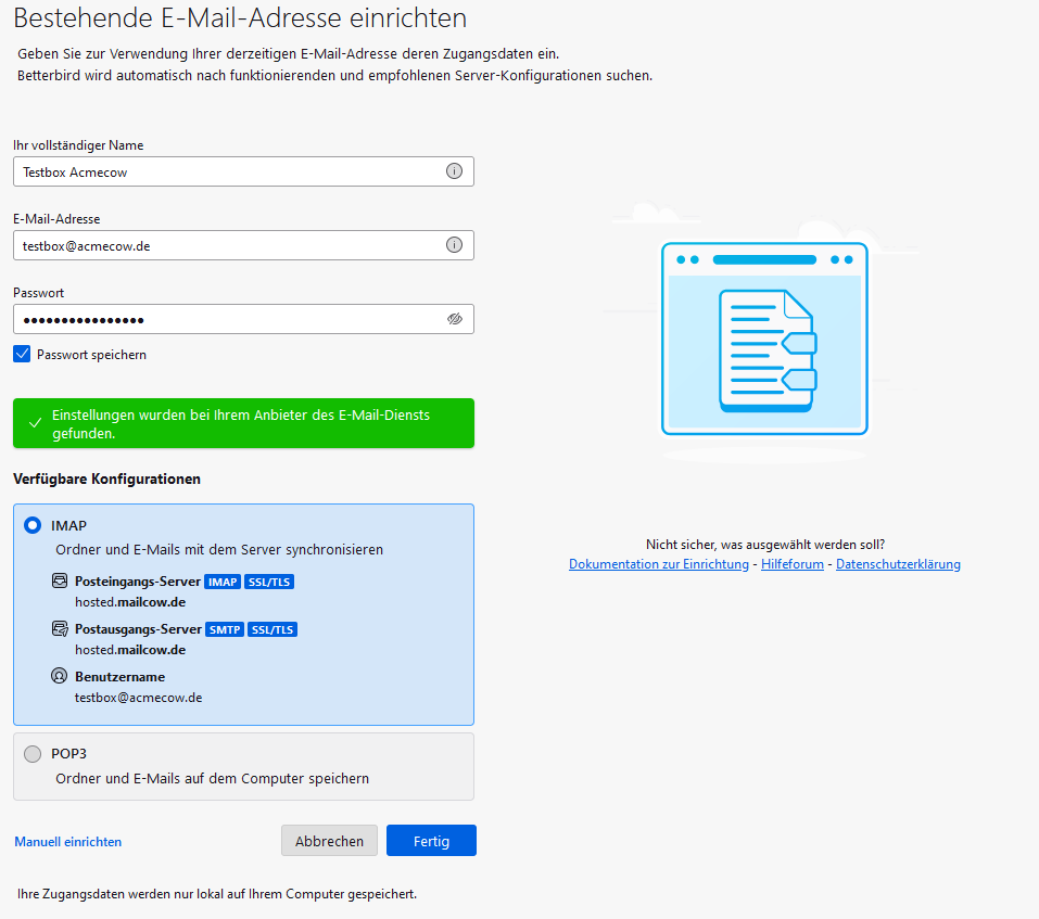 Thunderbird email account setup assistant, filled with example data. With correct autoconfig setup, Thunderbird already suggests the correct IMAP and SMTP servers in a green box