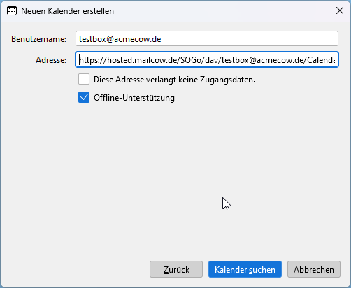 Thunderbird calendar setup assistant. Example data entered