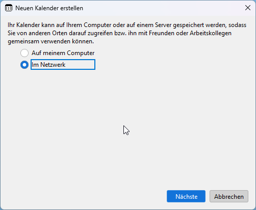 Thunderbird calendar setup assistant. Selection is on "On the Network"