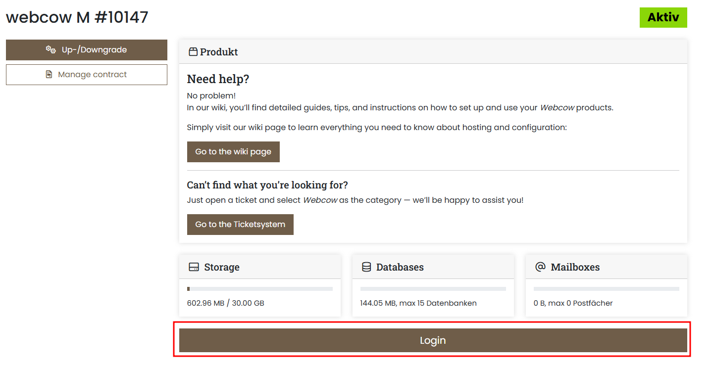 Servercow Customer Portal, Web Hosting Package page, "Login" button marked